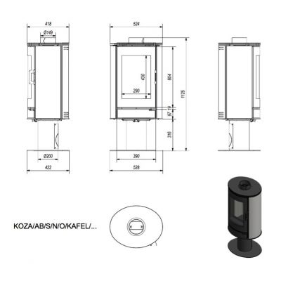 Piec wolnostojący 8 kW fi 150 KOZA AB S/N/O obrotowy z wylotem spalin i panelami kaflowymi, kolor czarny